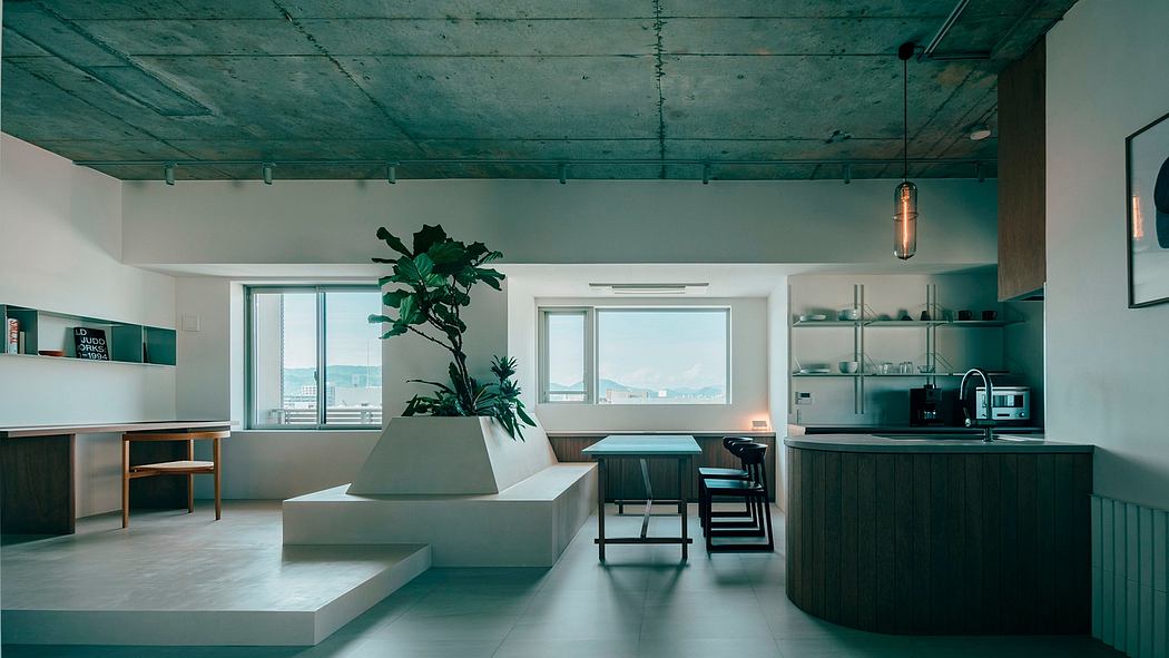 Sleek, minimalist interior design with a touch of greenery and industrial chic.
