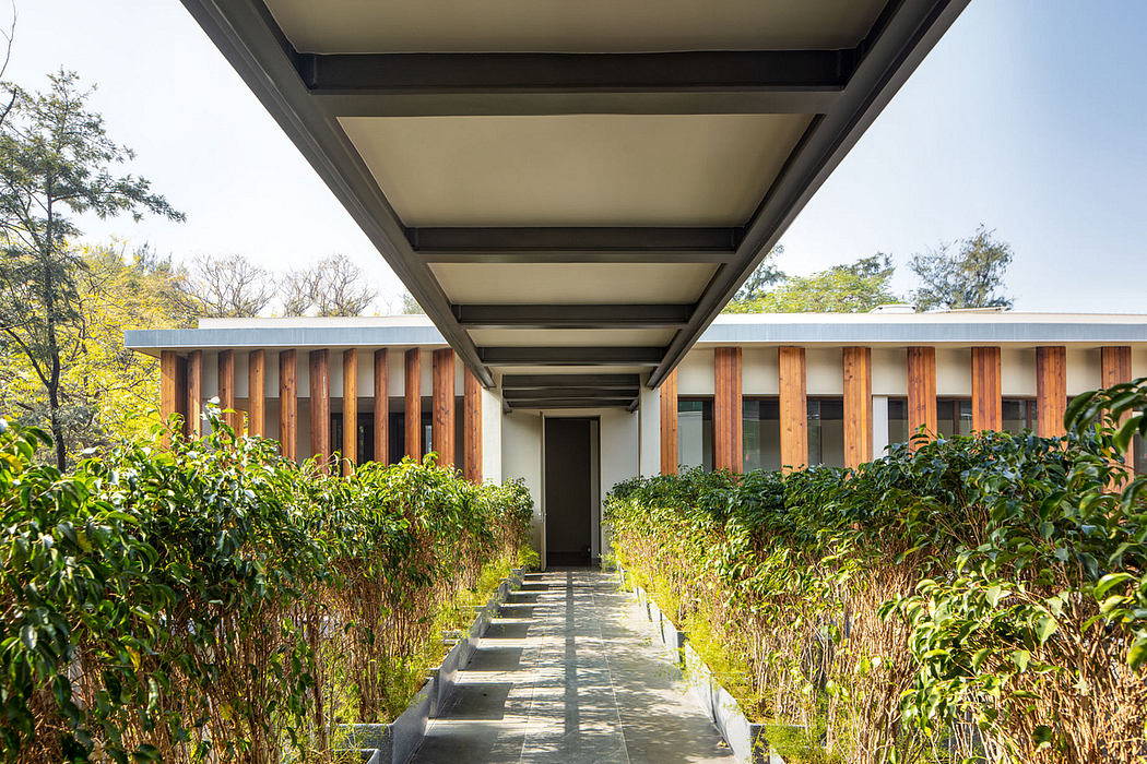 Covered walkway leading to a modern, wooden-clad building surrounded by lush greenery.
