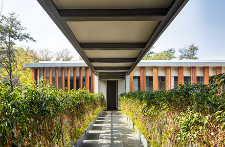 Covered walkway leading to a modern, wooden-clad building surrounded by lush greenery.