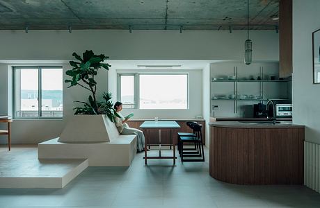 A modern, open-concept living space with a curved sofa, wood accents, and natural lighting.