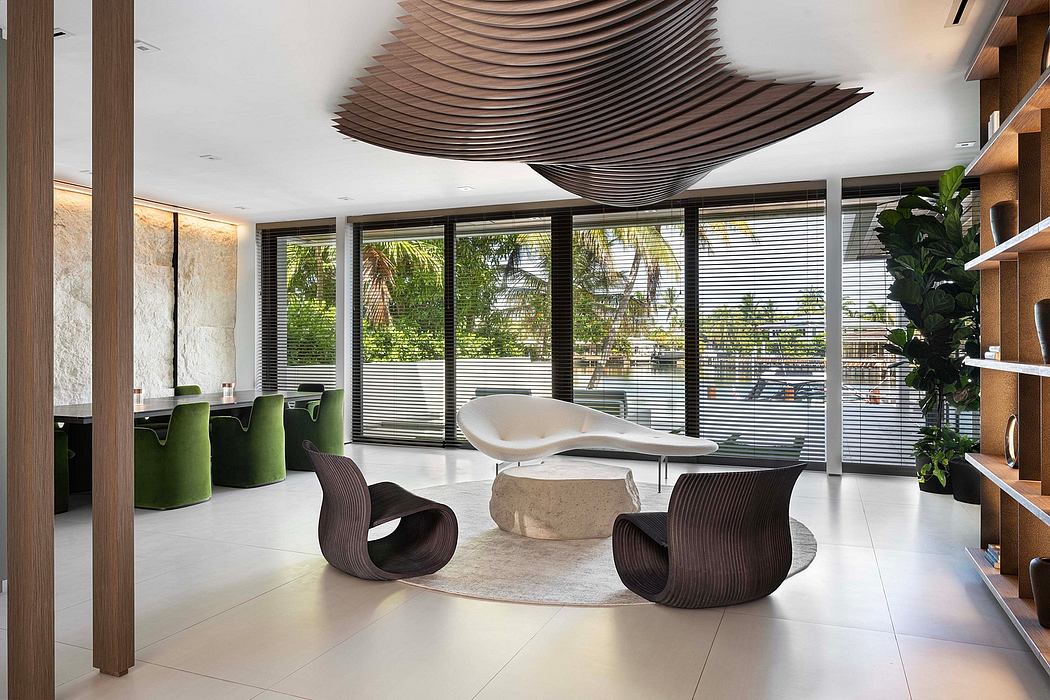 Sleek, modern interior with undulating wooden ceiling feature, minimalist furniture.