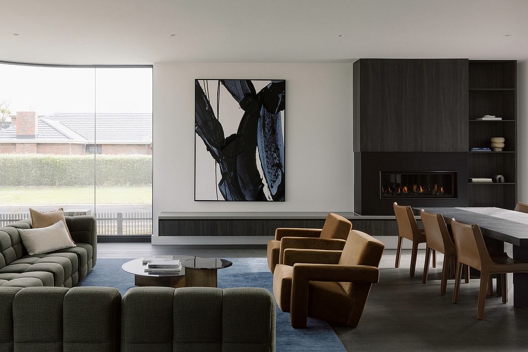 Sleek, modern living space with dark wood built-ins, fireplace, and plush seating.
