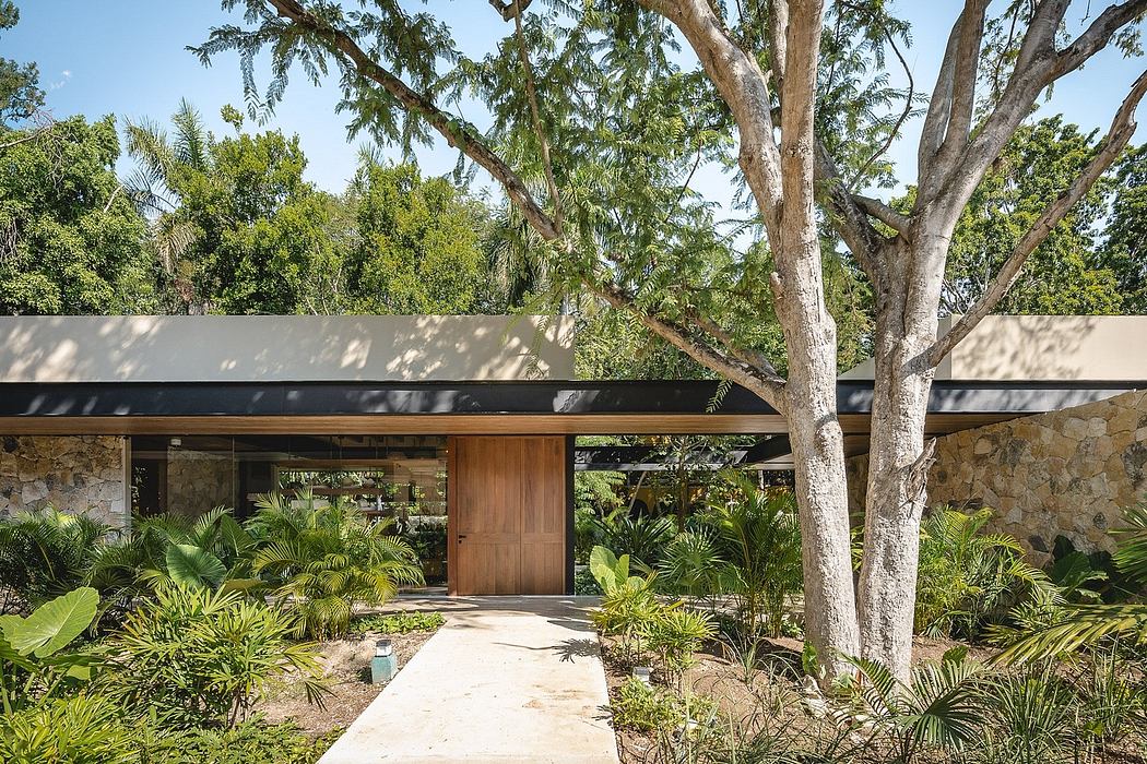 Sleek, modern structure amid lush, tropical landscaping with wood accents.