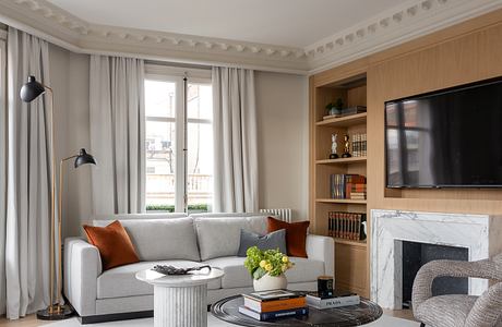 Elegant living room with ornate ceiling, contemporary furniture, and built-in shelving.