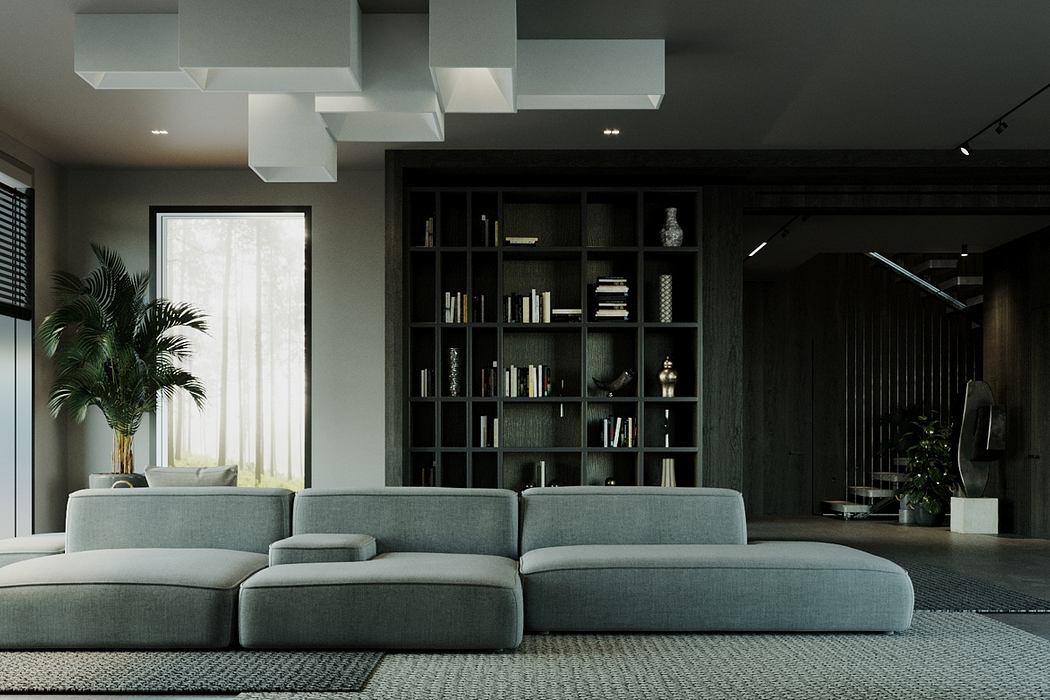 Sleek and modern living room with minimalist furniture, geometric ceiling, and large window.