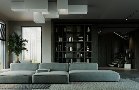 Sleek and modern living room with minimalist furniture, geometric ceiling, and large window.