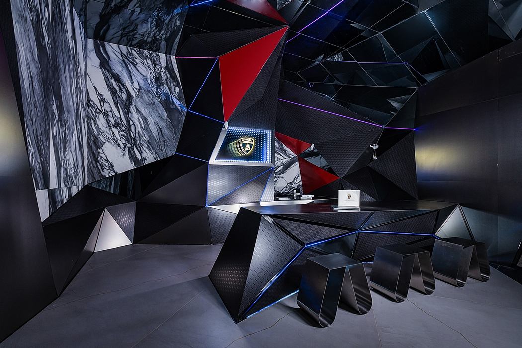 Dramatic geometric shapes, moody lighting, and metallic accents create a futuristic atmosphere.
