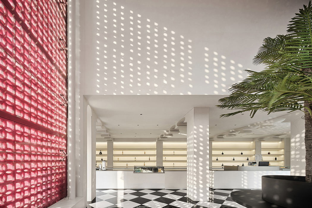 Striking architectural design with geometric patterns, checkered floor, and lush greenery.