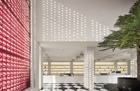 Striking architectural design with geometric patterns, checkered floor, and lush greenery.