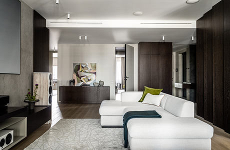 Sleek, modern living room with dark wood cabinets, white sofa, and abstract artwork.