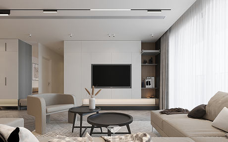 Minimalist living room with sleek furniture, built-in shelving, and large TV wall panel.