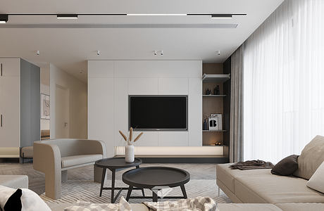 Minimalist living room with sleek furniture, built-in shelving, and large TV wall panel.