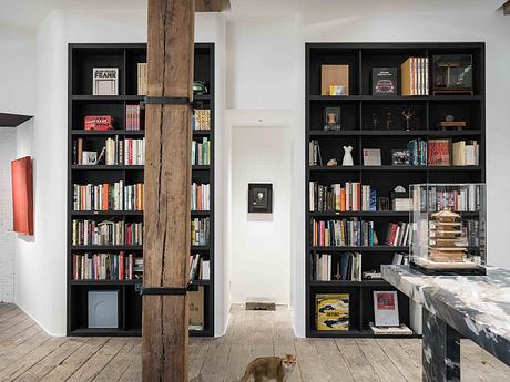 Well-designed, modern space with extensive bookshelves, wooden beam, and a feline resident.