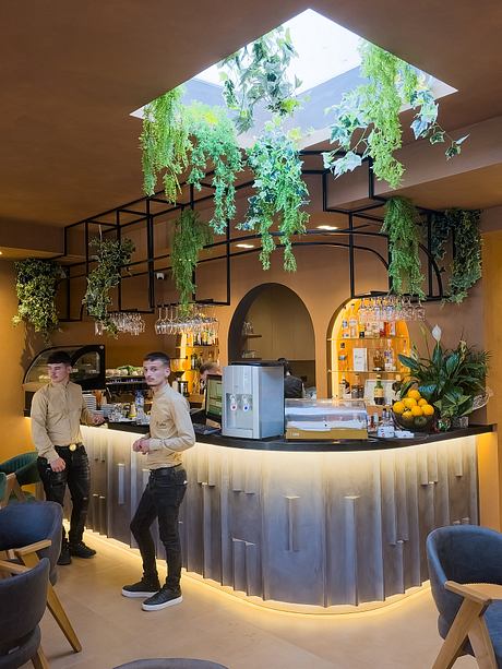 A contemporary café interior with an intricate hanging greenery display and modern furnishings.
