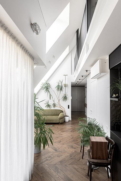 A bright, airy hallway with high ceilings, wood floors, and lush indoor plants.