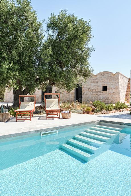 A rustic stone villa with a tranquil pool, surrounded by lush olive trees.