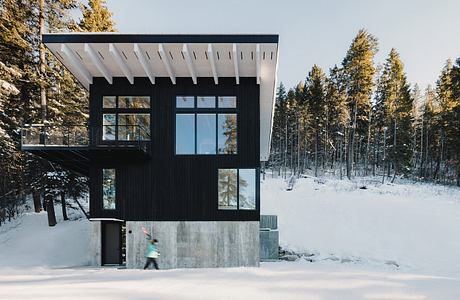 Striking modern cabin with sleek black exterior, large windows, and snowy forest backdrop.