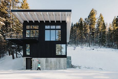 Striking modern cabin with sleek black exterior, large windows, and snowy forest backdrop.