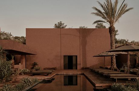 Striking adobe-style building with palm trees, wooden decks, and a reflection pool.