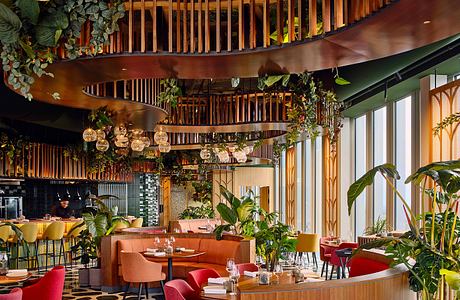 A vibrant, tropical-inspired interior with wooden slat ceilings, lush greenery, and warm lighting.