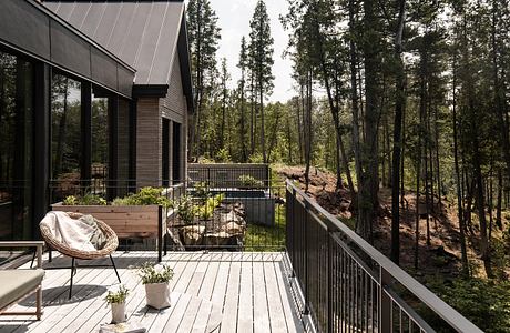 A modern cabin nestled in a lush forest, with an expansive wooden deck and sleek metal roof.