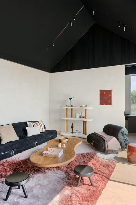 A cozy modern living room with a black-painted pitched ceiling, neutral furnishings, and a sculptural wooden coffee table.