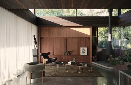 Sleek, mid-century modern living space with wooden beams, floating shelves, and minimalist furniture.