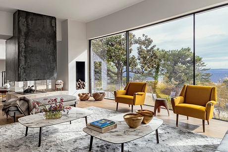 Stunning modern living room with large windows, sleek fireplace, and stylish furnishings.