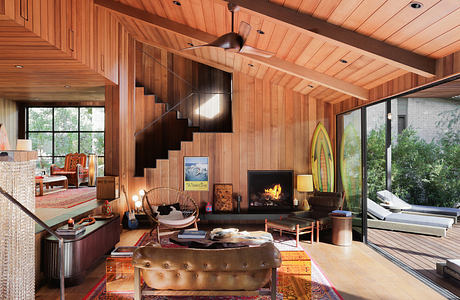 Warm, cozy wooden interior with a fireplace, mid-century furnishings, and a deck view.