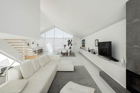 Minimalist living room with angular stairs, large windows, and neutral color palette.