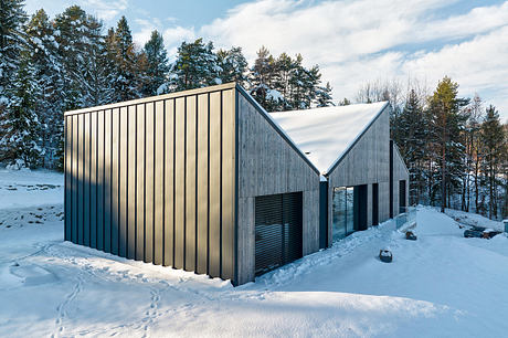 A modern, angular cabin nestled in a snowy, forested landscape.