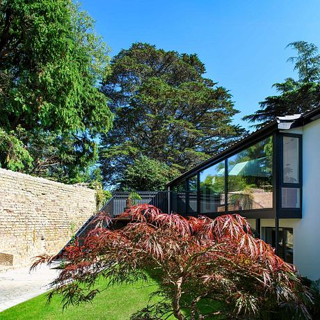 A modern glass-enclosed structure with a vibrant Japanese maple tree in the foreground.