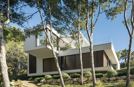 Modern, multilevel house nestled among tall trees with a stone pathway leading to the entrance.