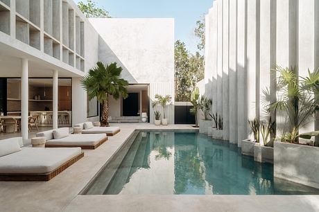 Serene modern oasis with sleek architectural lines, pool, and lush greenery.