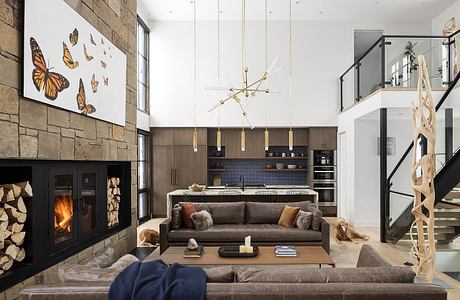 Cozy modern living room with large fireplace, wooden accents, and contemporary light fixture.