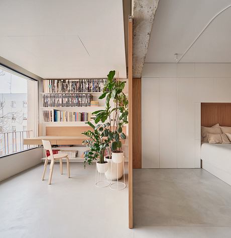 Modern apartment interior featuring built-in bookshelves, minimalist furnishings, and lush plants.