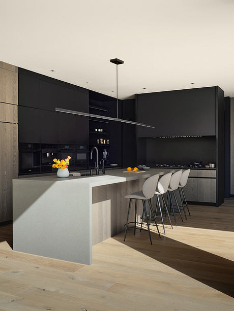 Modern, sleek kitchen with black cabinets, white countertops, and wood-paneled floors.