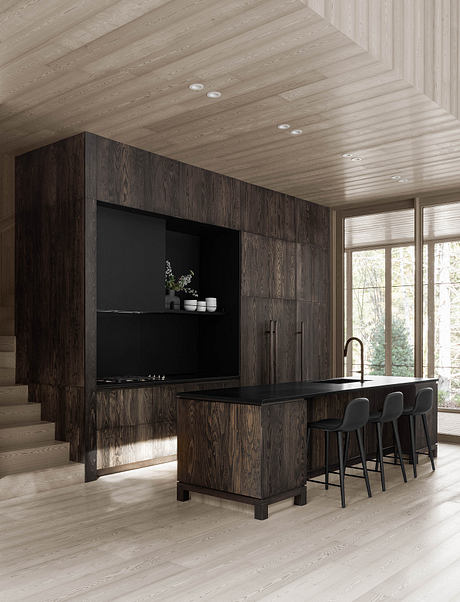 Dark wood kitchen cabinets, minimalist island, recessed lighting, large windows.