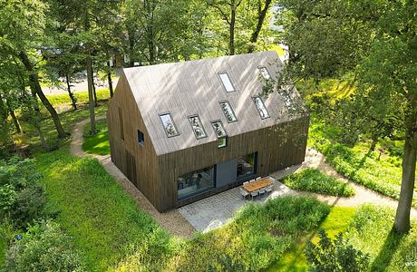 Unique wooden cabin-style home nestled in lush greenery, featuring modern windows.