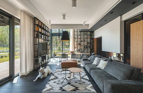 Minimalist living room with large windows, built-in shelving, and cozy furniture.