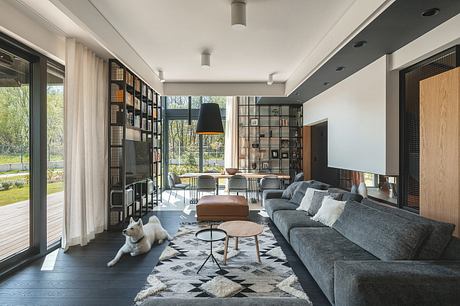 Minimalist living room with large windows, built-in shelving, and cozy furniture.