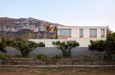 A modern, minimalist building with large windows nestled among desert vegetation and mountains.