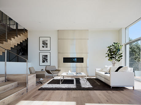 Minimalist living room with sleek furniture, hardwood flooring, and a fireplace feature.