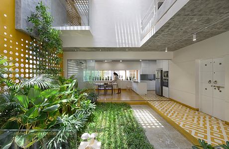 Vibrant indoor garden with patterned floors and natural lighting in modern apartment.