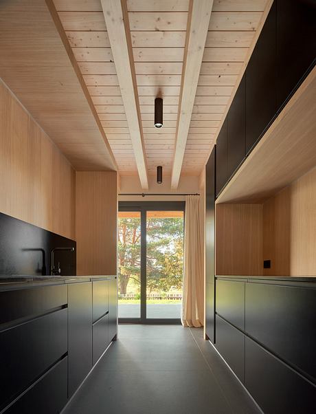 Minimalist kitchen with warm wood ceiling, sleek black cabinetry, and large windows.