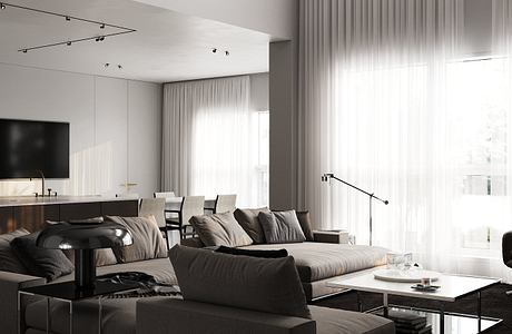 Sleek, minimalist living space with clean lines, large sofa, and modern lighting fixtures.