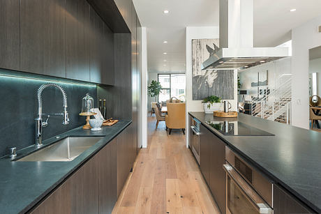 Sleek, modern kitchen with dark wood cabinets, stainless steel appliances, and minimalist decor.
