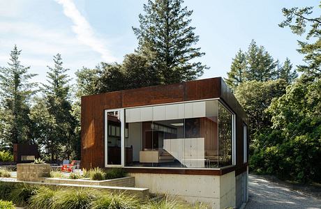 A modern, minimalist cabin surrounded by lush greenery and a gravel path leading to it.