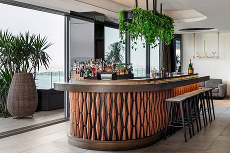 Sleek, contemporary bar with curved wooden panels, greenery, and panoramic city views.