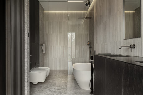 Sleek, minimalist bathroom with modern fixtures, linear tiling, and a view to the outdoors.